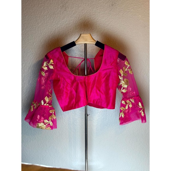 Vibhaa Blouse Womens Pink Gold Zari Embroidered Sheer Flared Sleeves Scoop Neck - Picture 2 of 11